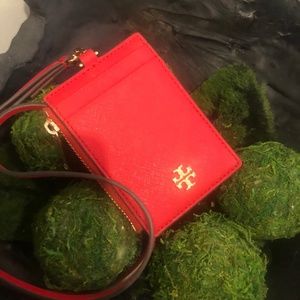 Tory Burch Emerson Leather ID Lanyard Brilliant Red
